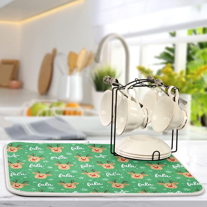 Christmas Reindeer Green Dish Drying Mat for Kitchen Countertop 16x18 Winter Snowflake Xmas Small Drying Mat Reusable Quick Dry Dish Sink Mats Easy Clean Decorative Essentials