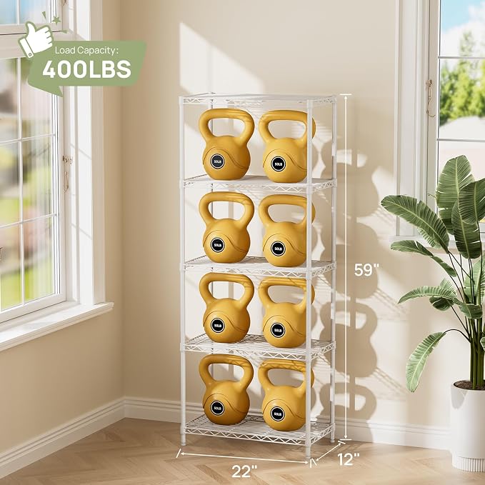 Golpart 5Tier Adjustable Storage Shelves Metal Wire Shelving Standing Shelf | Utility Heavy Duty Unit Rack Closet Organize for Home Kitchen Laundry Room Organization Pantry 12"Dx22"Wx59"H White