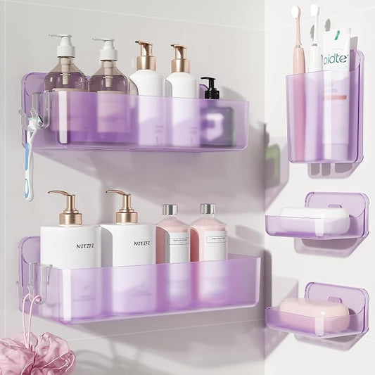 Nieifi Adhesive Shower Shelves, Purple, 5 Pieces | Rustproof ABS, Large Capacity, Removable Design, Easy-Clean, No Drilling Shower Organizer for Bathroom Storage & Home Decor