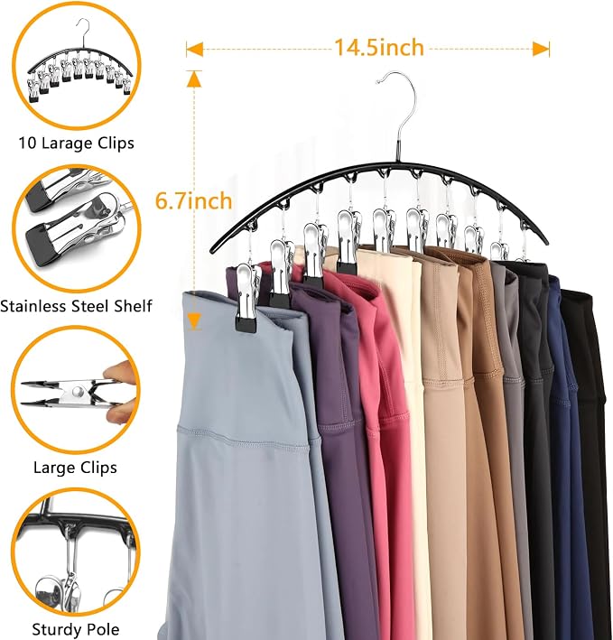 Legging Hangers for Closet Organizer, Hat Hangers for Closet 4 Pack with 10 Clips Holds 40 Leggings, Legging Hanger, Pants Storage Organizer Suitable for Socks, Panties, Underwear, Pants (4-Black)