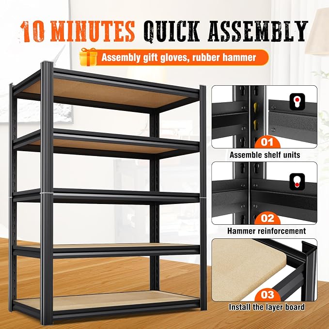 6 Pack Garage Shelving Heavy Duty Storage Shelves, Metal Adjustable Shelving Unit, Utility Garage Organizer Shelf for Basement, Pantry, Kitchen, Warehouse, 78" Hx45.6 Wx19.7 D, Black