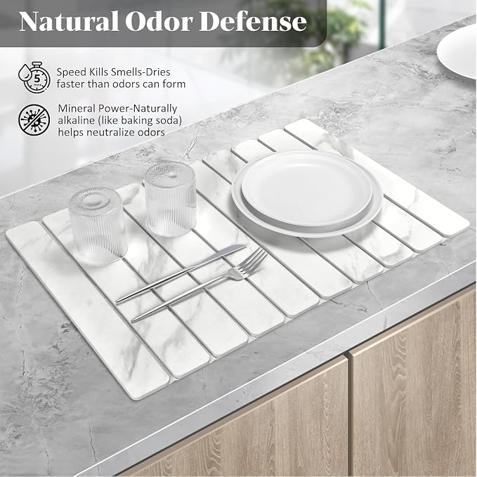 2 PCS Large Stone Dish Drying Mat for Kitchen Counter, 24"×16" Marble Dish Drying Mat with 8"x 4" Coasters, Non - Slip Collapsible Absorbent Mat for Multi - Purpose, Match Any Countertop【White】