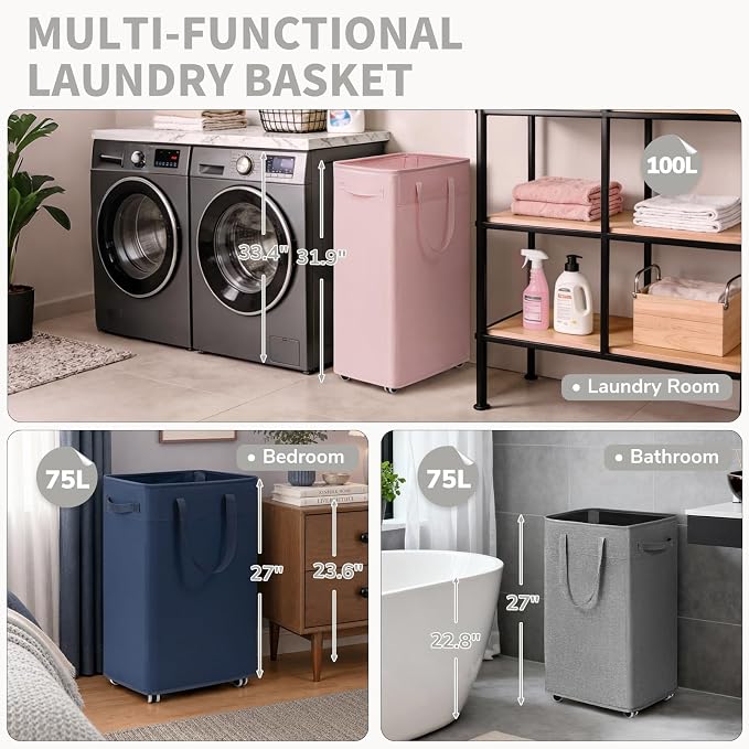 CHICVITA 100L Slim Collapsible Laundry Basket with Wheels, Pink | Rolling laundry basket for living room and college dorm. Folds flat for storage when not needed