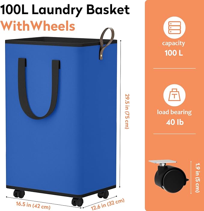 SpaceTrove Rolling Laundry Basket with Wheels, Laundry Hamper, 100L, Blue | Collapsible, 4 detachable wheels including 2 with brakes, sturdy handle, metal frame, for dorms, bathrooms and bedrooms