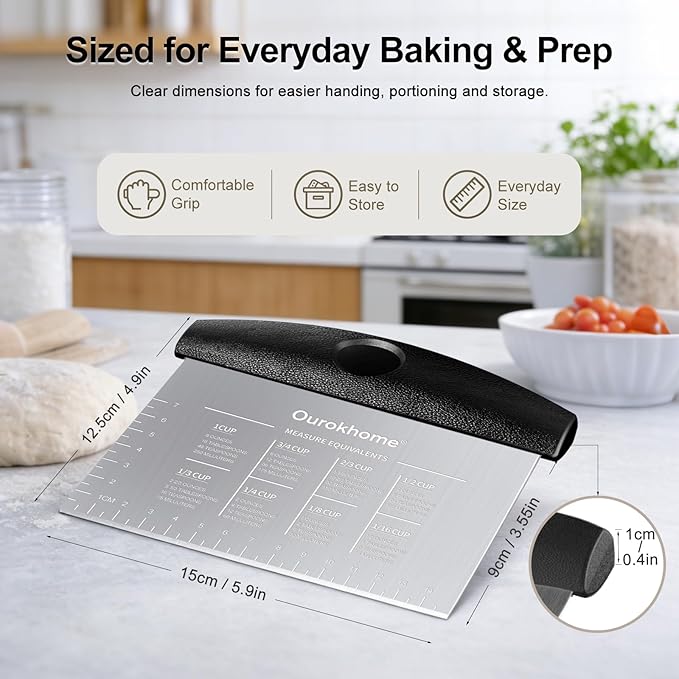 Ourokhome 2 Pack Bench Scraper Dough Cutter, Stainless Steel Dough Scraper with Laser-Etched Scale, Conversion Chart, Non-Slip Handle, Dishwasher Safe for Bread & Pastry, Black