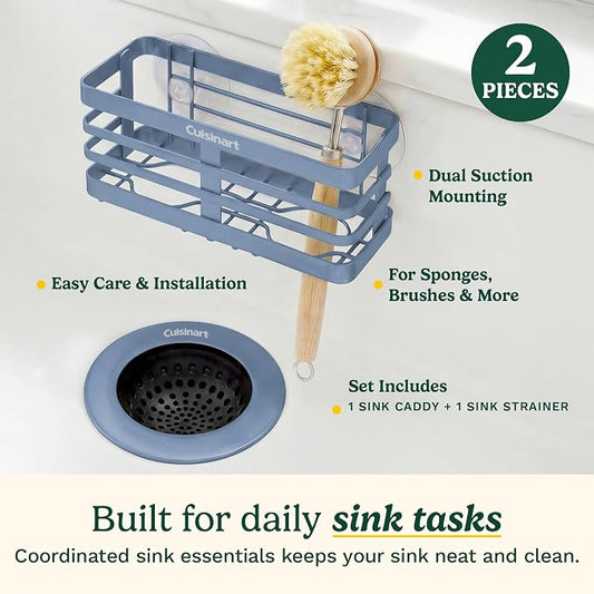 Cuisinart 2 Piece Sink Set – Sink Drain Strainer with Stainless Steel Rim & Silicone Mesh Base & Sponge Holder for Kitchen Sink, Metal Caddy with Triple Suction Cups, Daily Kitchen Essentials