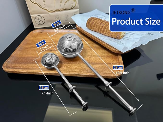 JETKONG 2 Pcs Flour Sifter, Stainless Steel Flour Duster for Bread Baking, Bakers Dusting Wand for Powdered Sugar and Spices (Small+Large, Silver)