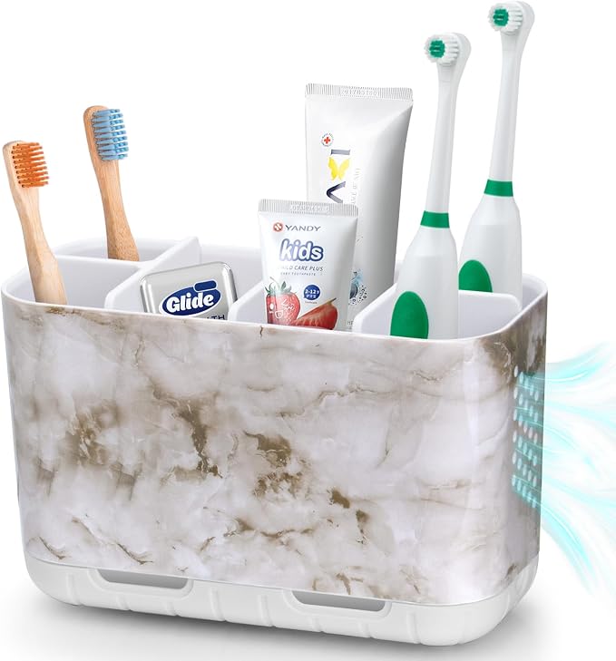 Boperzi Electric Toothbrush Holder for Bathroom Organizer Countertop, Detachable Anti-Slip Toothpaste Storage Caddy 6 Slots White Marble with Drainage Holes for Makeup Brush Razor Stand