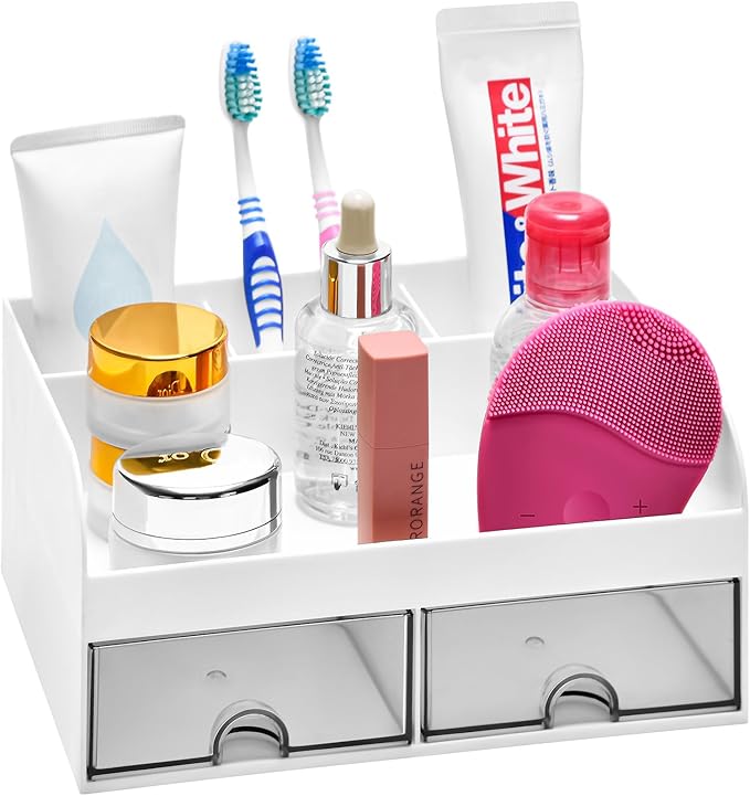 VITVITI Toothbrush Holders for Bathroom Sink, 4 Slots Bathroom Countertop Organizer with 2 Drawers, Plastic Kids Toothpaste Holder Bathrooms Counter Organizer for Vanity, White