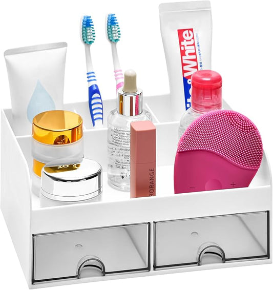VITVITI Toothbrush Holders for Bathroom Sink, 4 Slots Bathroom Countertop Organizer with 2 Drawers, Plastic Kids Toothpaste Holder Bathrooms Counter Organizer for Vanity, White