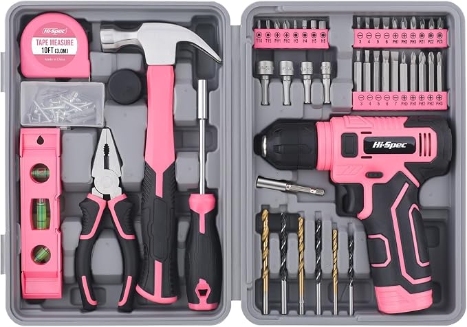 Hi-Spec 8V Cordless Drill Set & Starter Tool Kit for Women, Pink | Ladies, USB Drill Driver, Essential Hand Tools, Compact, Tidy Home Projects, Screwdriving, Repairs, Light-Duty