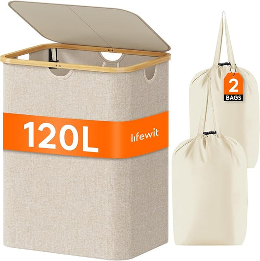 Lifewit 120L Laundry Basket with Lid, Clothes Hampers for Laundry with Bamboo Handles and 2 Removable Bag, Large Foldable Laundry Hamper for Bedroom, Bathroom, Dorm, Laundry Room, Beige