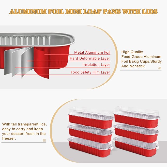 100 Pack Mini Cake Pans with Lids and Spoons, Mini Loaf Baking Pans 6.8oz, Small Disposable Aluminum Foil Loaf Pans, Rectangular Baking Containers for Party and Picnics, Cheesecake Pans (Red)
