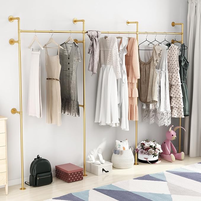 ORSENIGO Industrial Pipe Clothing Rack, Heavy Duty Clothes Rack for Hanging Clothes, Wall Mounted Display Garment Rack for Home Retail Boutique (Three, Gold)