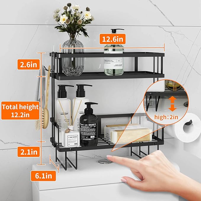 Godboat 2-Tier Over Toilet Storage Shelf, Wall-Mount with 2 Hook/Paper Rack | Bathroom Organizers and Storage Cabinet, Behind/Above/On/Top/Back Tank Shelves, Decor for Bathroom/Restroom/Kitchen/Bedroom