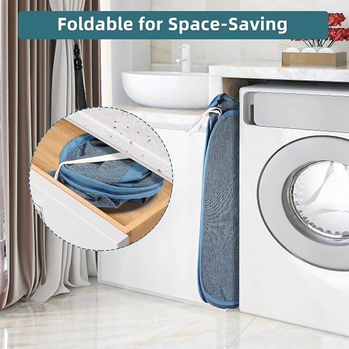 Collapsible Laundry Baskets, Tear Proof Pop Up Laundry Hamper with Dual Handles, Durable Foldable Laundry Basket, Easy to Carry Laundry Hamper for Home, Laundry Room, Bedroom, Dorm, Travel Blue