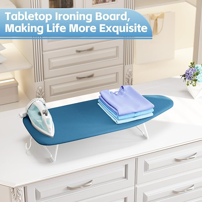 Small Ironing Board Tabletop with Heat Resistant Cover, Compact Mini Ironing Board with Metal mesh Frame,for Dorm,Apartment and Travel, Hook for Hanging, Iron Board 12x30, Iron Table Stand Pure Blue