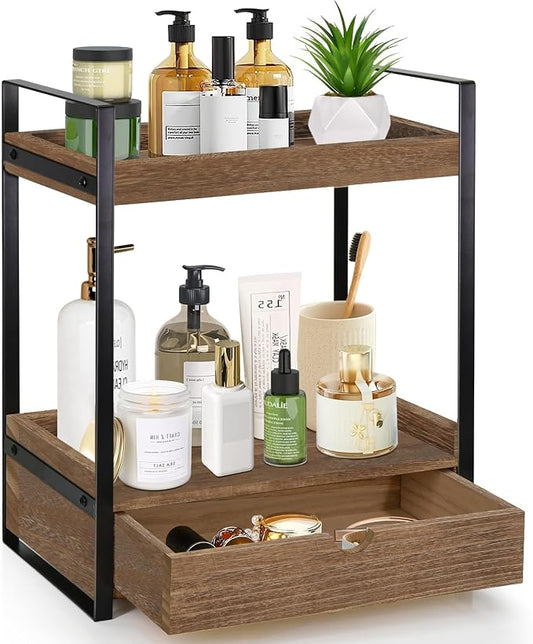 Ukonvi 2-Tier Bathroom Organizer Countertop with Drawer, Wood Counter Shelf for Storage, Vanity Tray for Organization and Decor, Countertop Organizer for Bathroom, Kitchen, Office (Dark Brown)