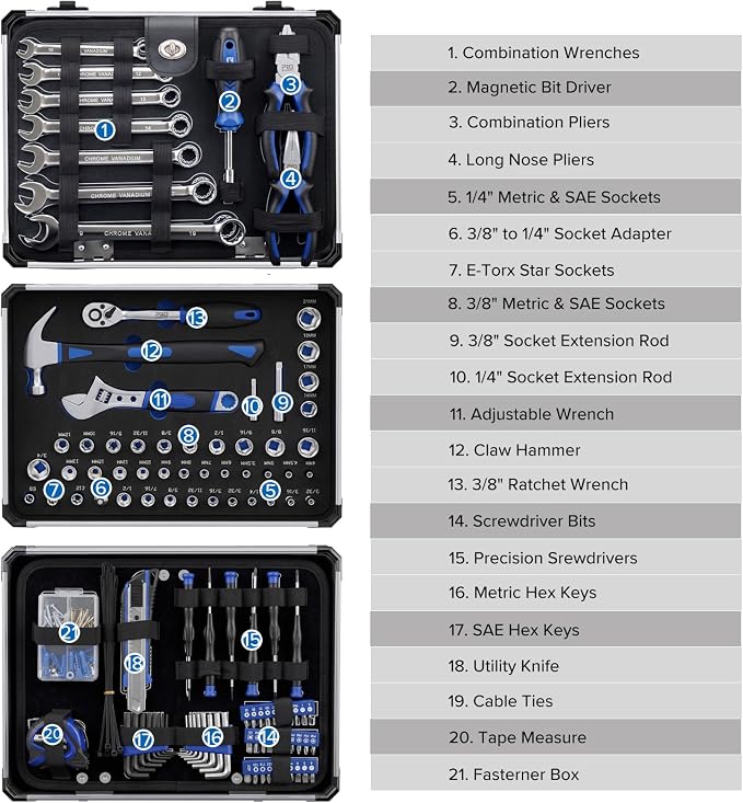Prostormer Mechanic Tool Set, 219-Piece Basic Hand Tool Kit | 1/4" & 3/8" SAE and Metric Sockets, with Aluminium Tool Box, General for Home Repair & Car Maintenance