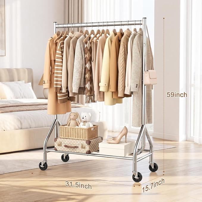 EAGMAK Heavy Duty Clothes Rack Load 268 LBS, 31.5 inch Hanging Rod, Silver | Metal Frame, Stable Base, Compact Size, Rolling Smooth, For Bedroom Closet Entryway Laundry Living Room Home Garage Storage