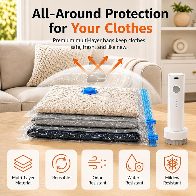 18 Pack Vacuum Bags for Travel with Rechargeable Air Pump, Carry-On Compression Bags for Luggage and Suitcase, Space Saver Storage for Clothing and Travel Organization