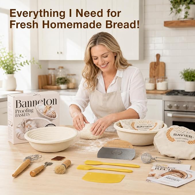 BAVIFY Sourdough Starter Kit, Banneton Bread Proofing Baskets Set, Sourdough Bread Baking Supplies Making Tools with Dough Scraper, Whisk, Bread Lame, Recipe, Wood Pulp Banneton - 2 Round Gift Set