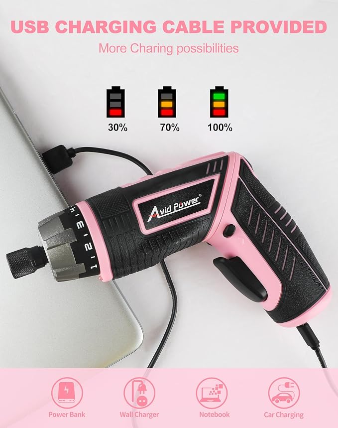 AVID POWER 4V Electric Cordless Screwdriver Set 5.65Nm 44 Bits with Case | 5.65Nm, 5+1 Torque Settings, 2-Position Handle, 44 Accessories, LED Light, for Precision Assembly & Furniture Installation