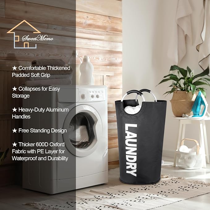 Large Laundry Basket, Laundry Hamper Bag with Handles, 95L, Black | Freestanding Tall Dirty Clothes Hamper, Collapsible and Portable Laundry Bin for Dorms and Bedrooms, Thick, Sturdy Fabric