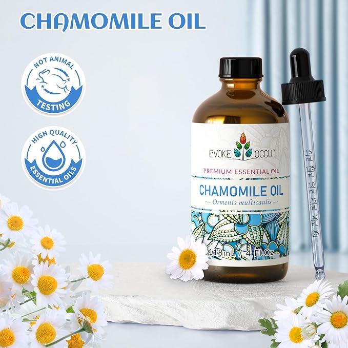 EVOKE OCCU Chamomile Essential Oil for Skin Hair & Diffuser | Herbal Scent, Suitable for Use Before Sleep, During Yoga, for Massage, Nail Care, and DIY – 118mL / 4 fl oz