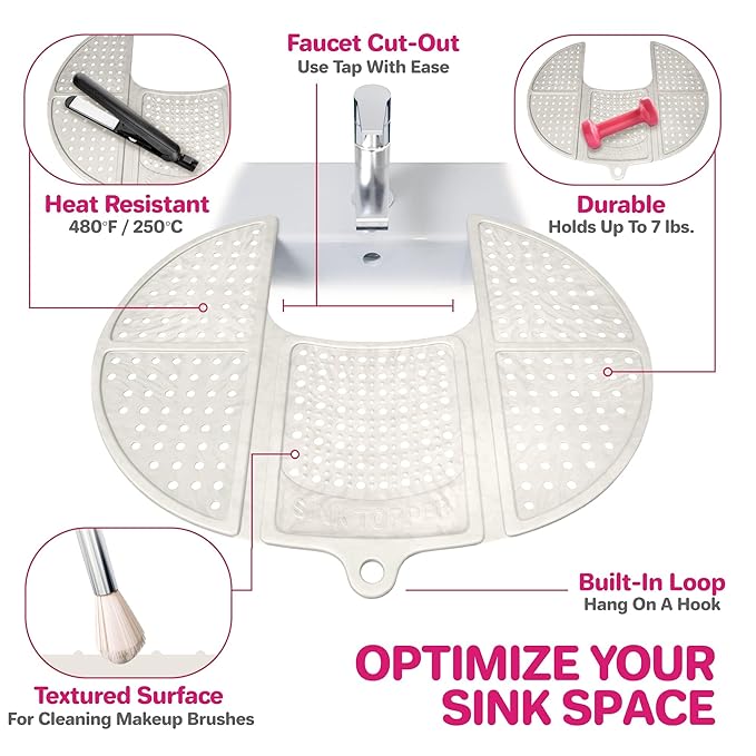 Sink Topper Bathroom Sink Cover for Counter Space, Standard White | Holds up to 7 lb on a steel frame; fits over basins to 19 in; 480°F silicone, hot tools; foldable makeup mat; RV, camper