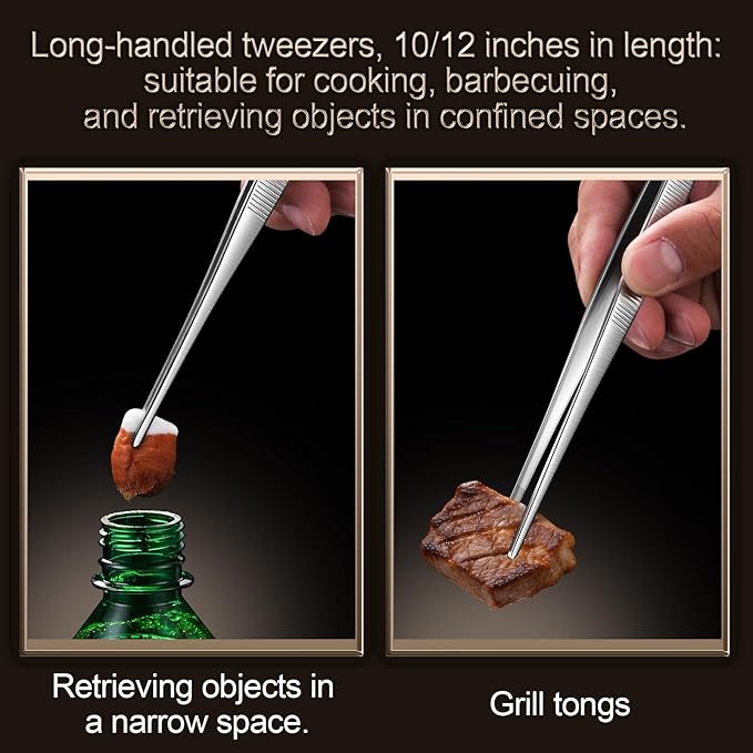 Aniso long tweezers with precision serrated kitchen tweezers tongs for barbecue and hand-made stainless steel cooking tweezers（8 inches）