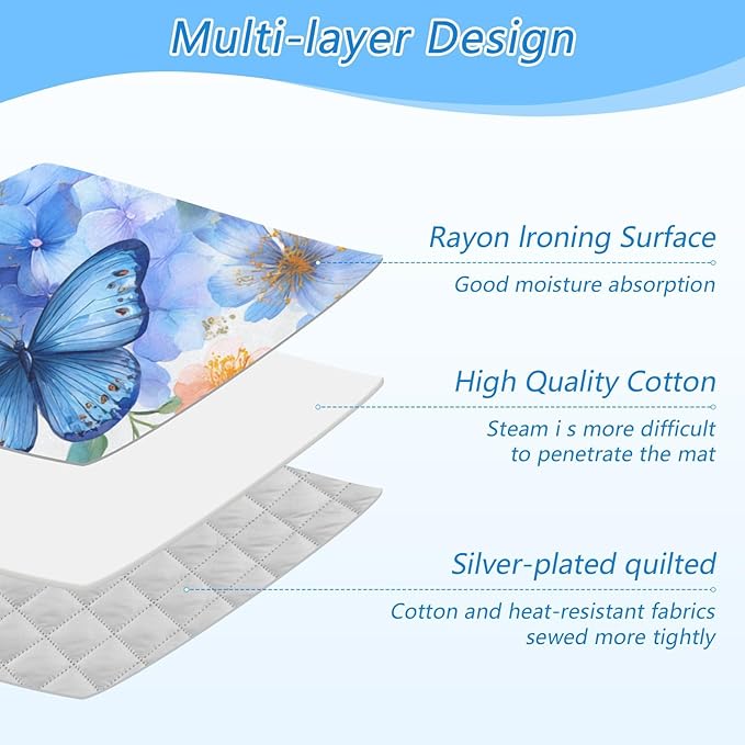 Ironing Mat Portable Ironing Pad Blanket with Silicone Iron Rest for Table Top Travel Heat Resistant Double-Side Using Large 47x28 Inch Foldable Watercolor Butterflies Hydrangea Blue