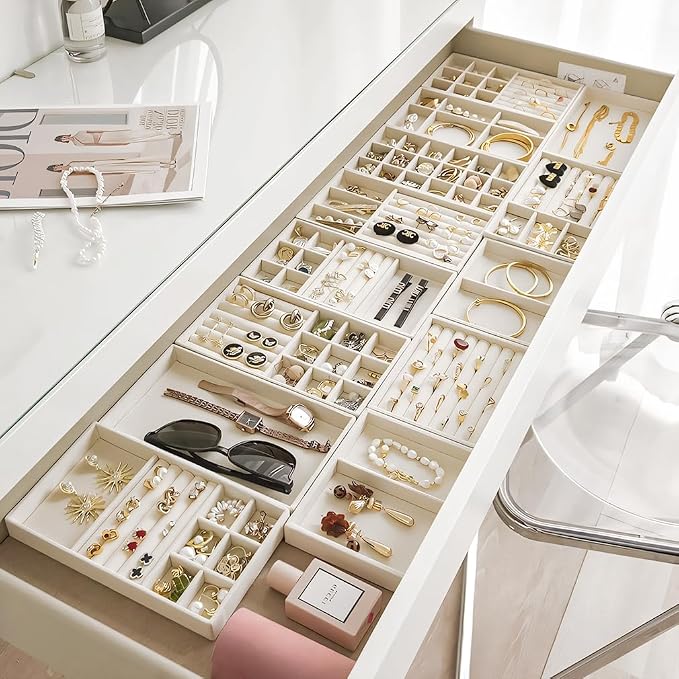 10 Pack Jewelry Organizer Tray Drawer Inserts Stackable Velvet Liner Dividers Customizable Jewellery Box Foam Ring Earring Holder Necklace Bracelet Storage Display Dish Flat in Dresser Vanity