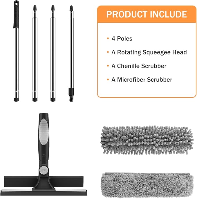 SetSail Window Squeegee with Extension Pole 2-in-1 Window Cleaning Kit Professional Window Cleaner Tool with Rotatable Head and 2 Scrubbers for Outdoor Indoor Car Windows Glass, Black Grey