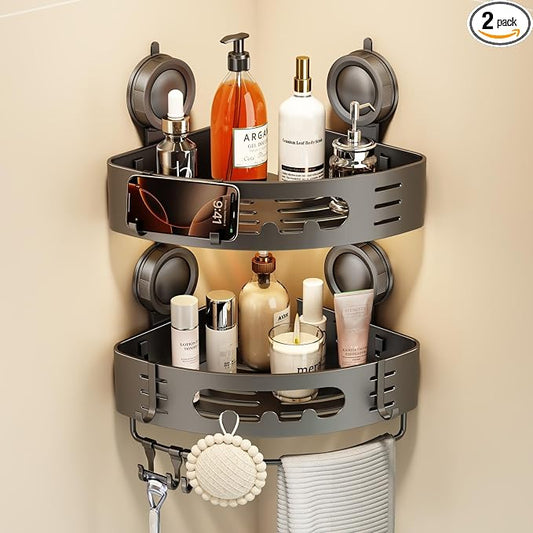 Voldra Corner Shower Caddy Suction Cup, Aluminum Corner Shower Shelves for Wall No Drilling, Large Suction Cup Shower Organizer with Towel Bar & Hooks Removable Bathroom Storage Rack(2 Pack-Gray)