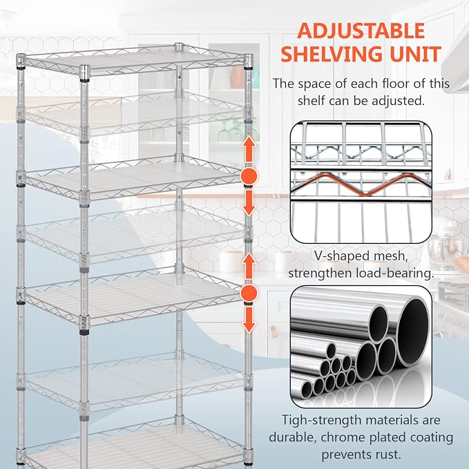 FDW 18L x 12W x 44H Wire Shelves with 4 PP Sheets Metal Shelf Storage Shelves 4 Tier Layer Storage Shelves for Laundry Bathroom Kitchen Garage,Chrome