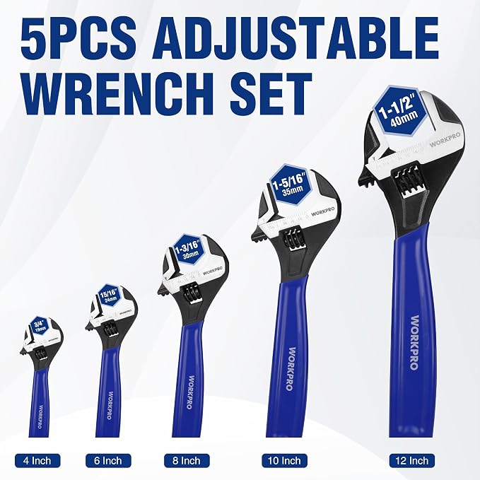 WORKPRO 5 PCS Adjustable Wrench Set, 4", 6", 8", 10" 12" Wide Jaw Wrenches | Cr-V Steel Wrenches with Black Oxide Finish, Metric & SAE Scales for Home, Garage and Workshop Use