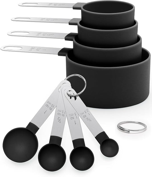 Measuring Cups and Spoons Set of 8 Pieces, nesting measuring cups for Measuring Dry or Liquid Ingredients, Stainless Steel Handle, Kitchen Gadgets for Cooking & Baking （Black）