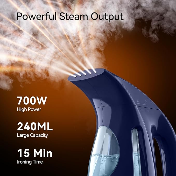 HiLIFE Steamer for Clothes, Portable Handheld Garment Wrinkle Remover, 240ml Big Capacity, 700W, Strong Penetrating Steam, for Home, Office and Travel, ONLY FOR 120V, Deep Navy