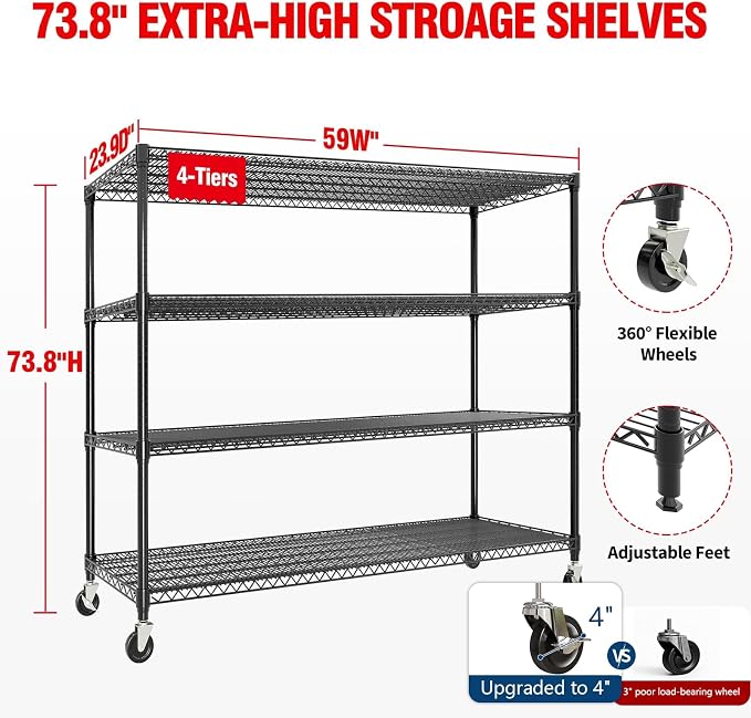 Garvee 4-Tiers Storage Shelves 2640LBS Heavy Duty Metal Shelves with Wheels