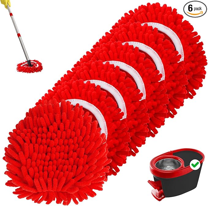 6 Pack Chenille Mop Heads Replacements Compatible with 1 Tank System Chenille Duster Replacement Heads Microfiber Spin Mop Refill Pads Reusable Dust Refills for Floor Cleaning (Red)