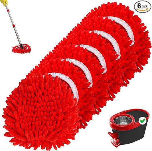 6 Pack Chenille Mop Heads Replacements Compatible with 1 Tank System Chenille Duster Replacement Heads Microfiber Spin Mop Refill Pads Reusable Dust Refills for Floor Cleaning (Red)