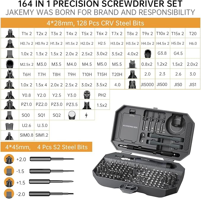 JAKEMY 164 in 1 Precision Screwdriver Set, Laptop Screwdriver Kit, Professional Computer Screwdriver Repair Tools with T5 T6 Torx Screwdriver Bit for MacBook, iPhone, PC, RC, PS5, Watch, Xbox, DIY