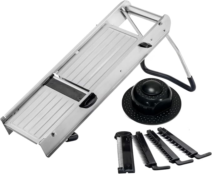 TableCraft 12629 Mandoline Slicer Set, Stainless Steel Adjustable Vegetable Slicer with 5 Interchangeable Blades, Non-Skid Folding Stand, Dishwasher Safe, Commercial Prep Tool