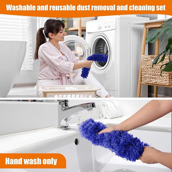 4 Pcs Microfiber Cobweb Duster with 100-inch Extendable Pole, Washable and Reusable Feather Cleaning Duster Kit with 3 Duster Heads,Dusters for Cleaning with Telescopic Pole for High Ceiling Fan,Blue