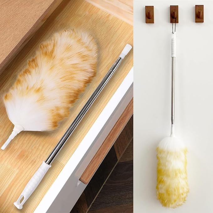 Lambswool Extendable Duster 29-110 Inch, Anti-Static Flexible Head, Stainless Steel Pole for High Ceilings, Fans, Interior & Roof Dusting.