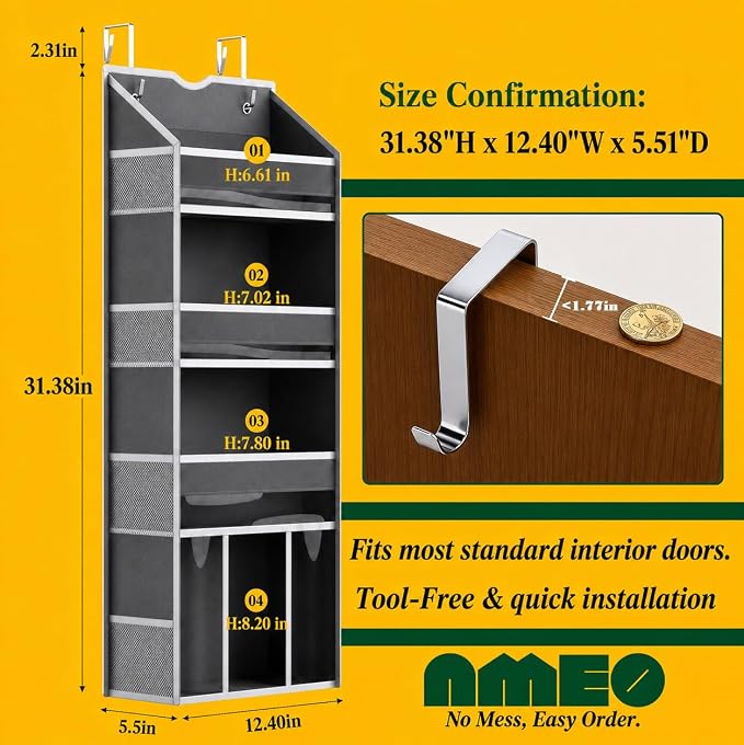 4 Tier Over The Door Organizer - 35lbs Load Hanging Closet Organizer and Storage with Large Pockets, Small Behind The Door Organizer for Bathroom Nursery Small Room Essentials