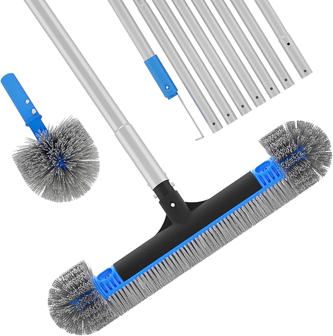 Upgraded Pool Brush with Pole - 20’’ 2-in-1 Heavy Duty Detachable Round Brush with Extra Side Brush for Cleaning Hard-to-Reach Corners, 9 FT Aluminum Extended Pool Pole with Hidden Hook Retriever