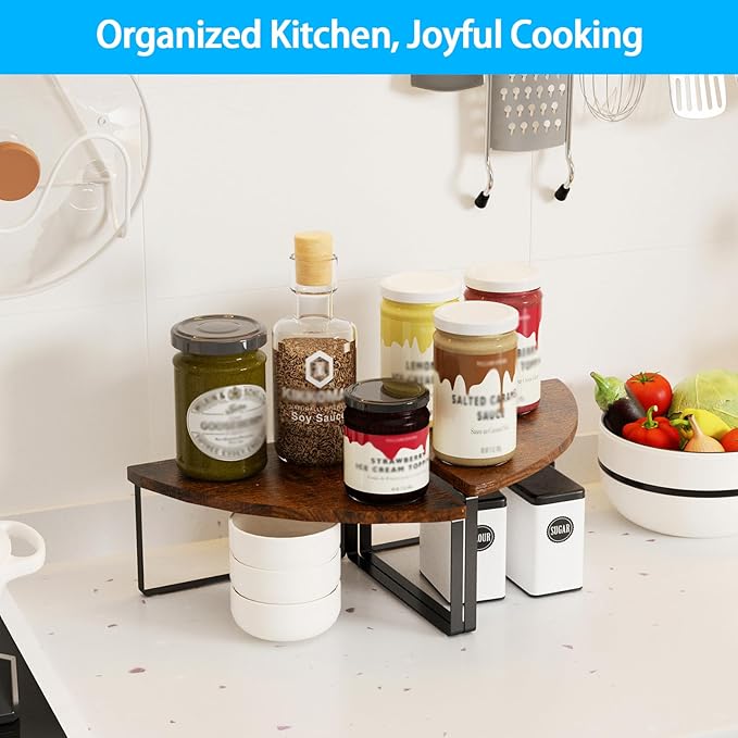 Golener Kitchen Corner Shelf, Corner Spice Rack, Counter Shelf, Stackable | Kitchen Counter Organizer, Plate Organizer for Cabinet, 2-Tier Corner Countertop Shelf, Corner Desk Shelf, Rustic Brown