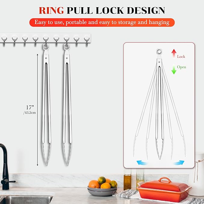Grill Tongs - 17 Inch Extra Long BBQ Tongs, Heat Resistant Stainless Steel Kitchen Tong, Heavy Duty Metal Locking Tong for Cooking, Grilling, BBQ/Barbecue, Food (All Metal - 17")